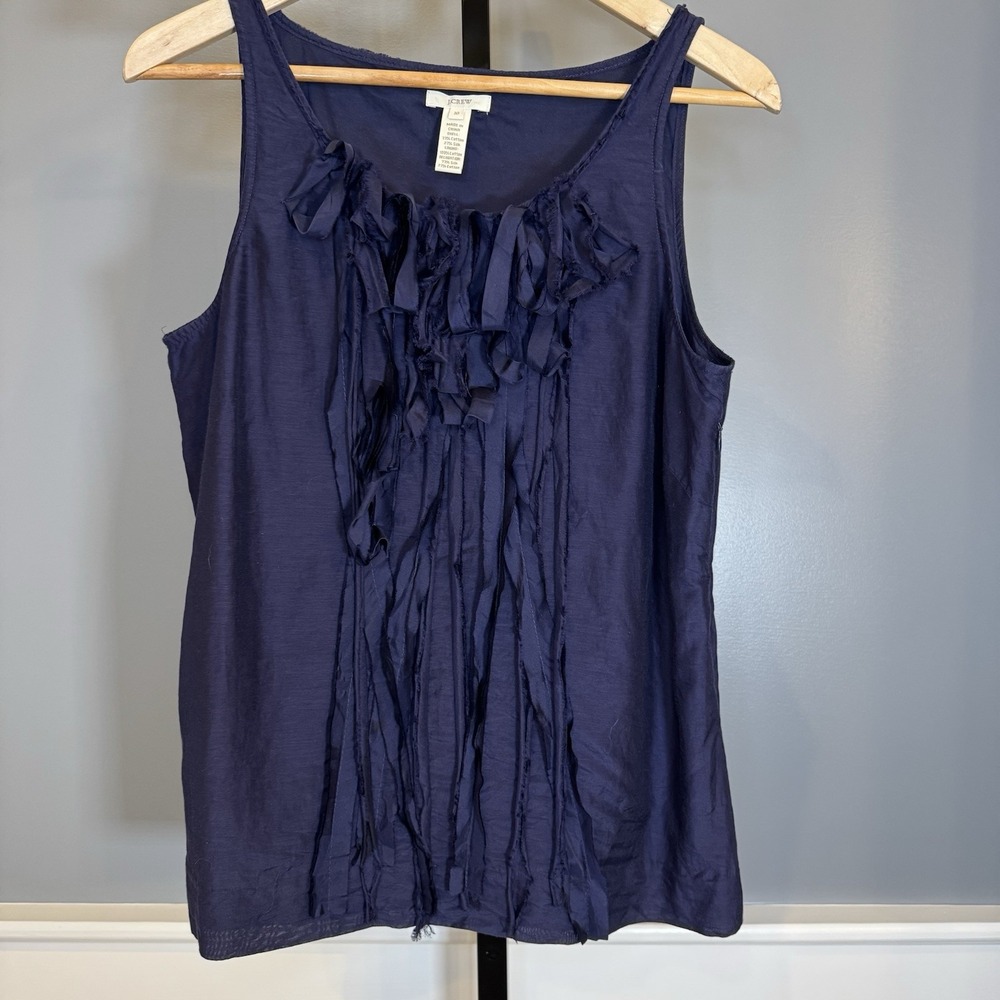 J Crew Sleeveless‎ Silk Top Womens 10 Draped Ruffles Navy Cotton Casual Lined